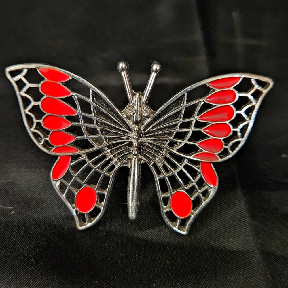 Butterfly Ring with Adjusting Band Sterling Silver with Black and Red